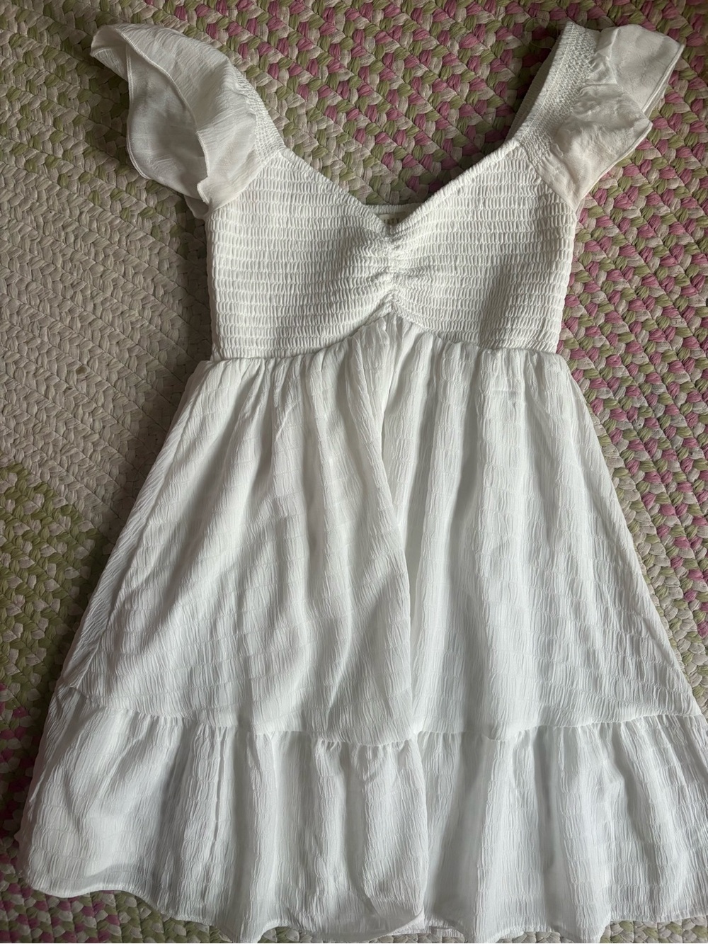 Smocked White Mini Dress with Flutter Sleeves